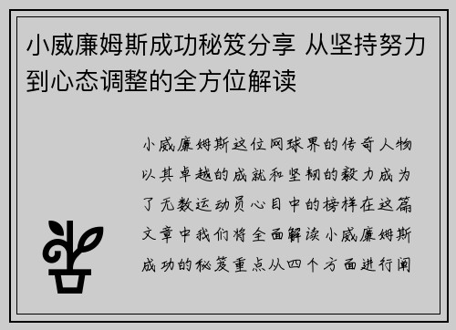小威廉姆斯成功秘笈分享 从坚持努力到心态调整的全方位解读