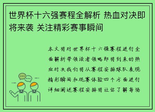 世界杯十六强赛程全解析 热血对决即将来袭 关注精彩赛事瞬间