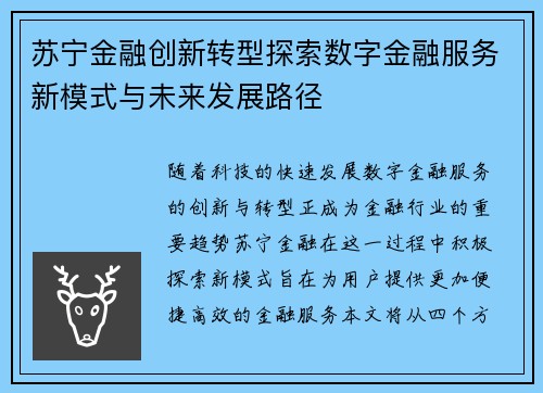 苏宁金融创新转型探索数字金融服务新模式与未来发展路径