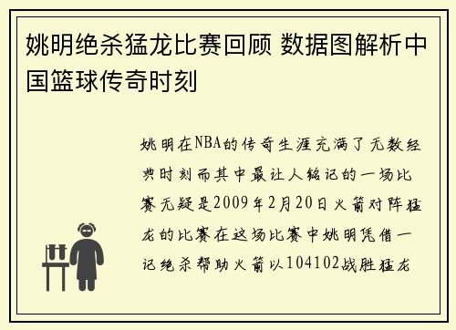 姚明绝杀猛龙比赛回顾 数据图解析中国篮球传奇时刻